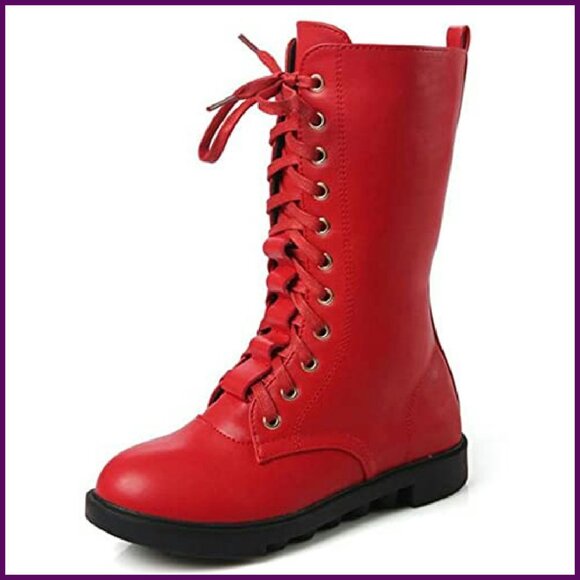 Girls Leather Combat Boots Mid Calf Zipper Lace-Up Winter Riding - Picture 2 of 8